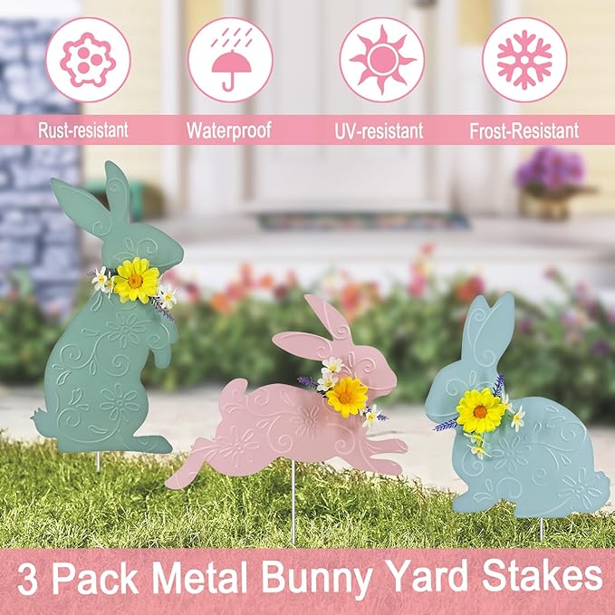 Easter Decorations Outdoor,3 Pack Metal Bunny Yard Sign Stakes for Outside,Pastel Rabbit Silhouettes Garden Decor for Lawn,Happy Easter Women Gifts