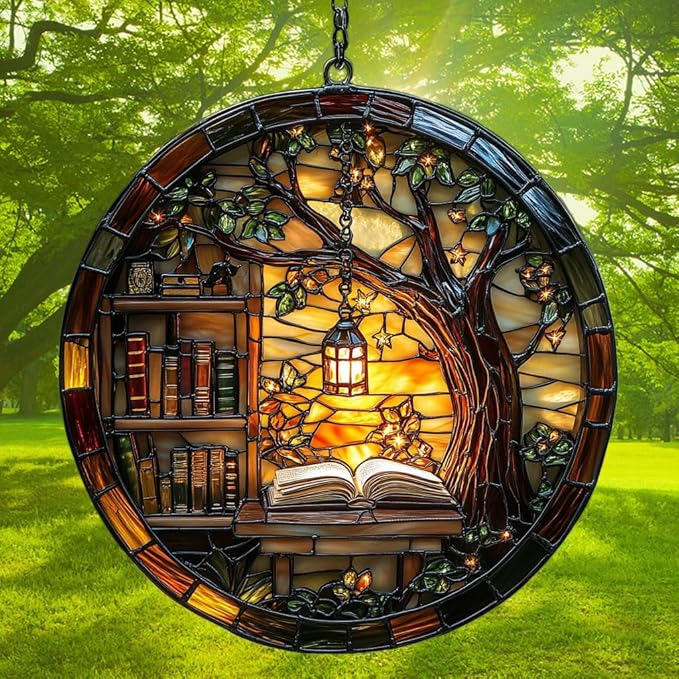 Forest Library Bookshelves Acrylic Suncatcher Stained Glass Effect Window Car Hanging Christmas Ornament Indoor Outdoor Decor Garden Sun Catcher Panel for Book Lover for Women Mom Grandma