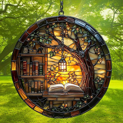 Forest Library Bookshelves Acrylic Suncatcher Stained Glass Effect Window Car Hanging Christmas Ornament Indoor Outdoor Decor Garden Sun Catcher Panel for Book Lover for Women Mom Grandma