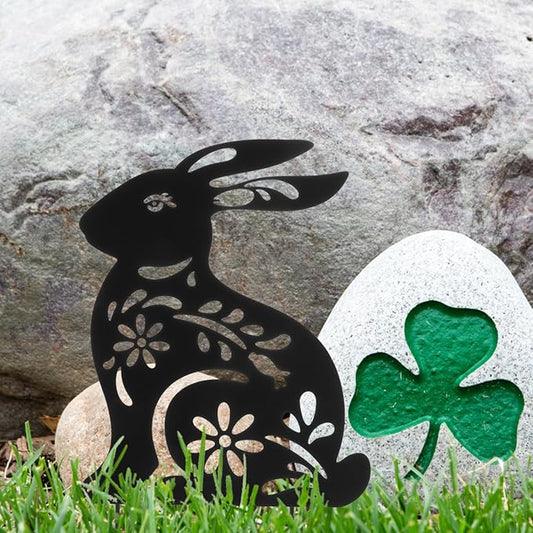 POPETPOP Metal Rabbit Garden Stake Outdoor Decorative Lawn Sculpture Hollow Bunny Silhouette for Patio Yard Pathway 11.61 Inch