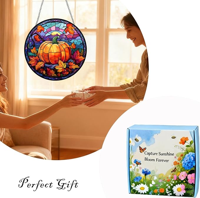 Suncatcher Pumpkin Stained Glass Suncatchers Stained Glass Ornament for Home Decor Indoor Wall Art Gift for Mother Women Friends (Pumpkin, M)