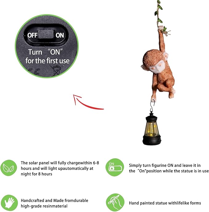 Solar Powered Hanging Monkey Figurine with LED Lantern Resin Climbing Baby Chimpanzee Vine Statue for Garden, Yard, Wall Decor – Waterproof, Durable & Adorable Outdoor Solar Light