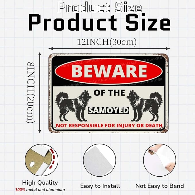 Beware Of The Dog Samoyed Sign Aluminum Metal Tin Signs Outdoor Yard Sign Warning Sign For Fence Yard Home Kitchen Farm Garden Wall Decor 8x12 Inch