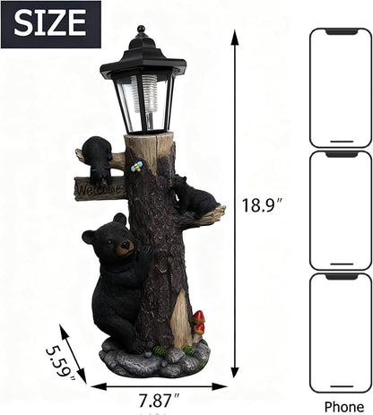 Bear Statue Welcome Sign Garden Statue with Solar Lights, 19 Inches Resin Bear Family on The Tree, Outdoor Bear Décor for Yard, Garden, Lawn, Patio, Black, Spring Decorations for Home