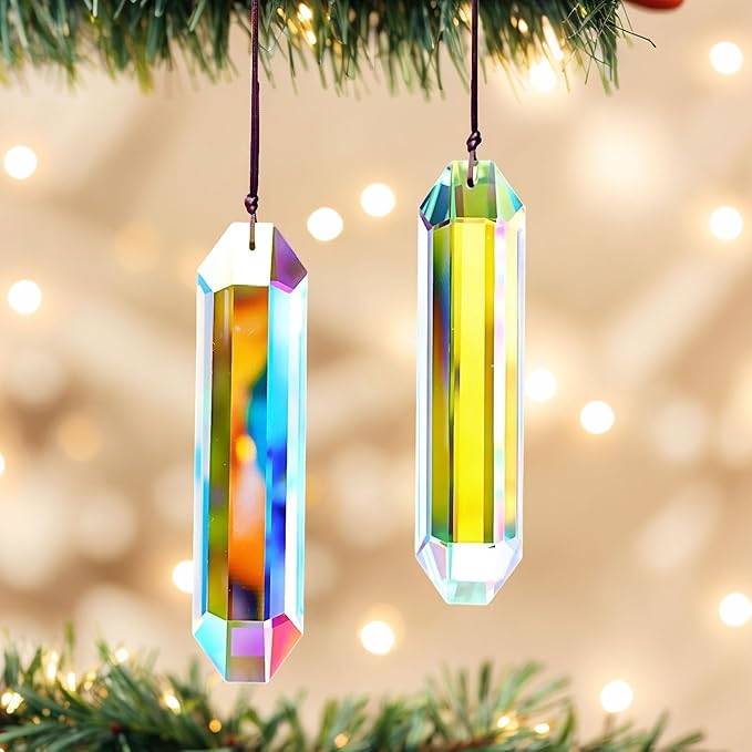 HDCRYSTALGIFTS 2PCS 5" Large Crystal Sun Catcher Prisms for Windows, AB Colored Hexagone Hanging Crystal Suncatchers, Rainbow Glass Ornaments for Christmas Tree,Home,Garden