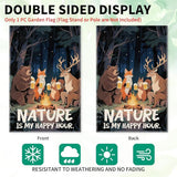 Nature Is My Happy Hour Garden Flag, Double Sided Farmhouse Lawn Outdoor Decor Yard Flags Gifts, Funny Campsite Yard Flag Gifts for Camping Lover, 12x18 In, Forest Animal Banner For Camper