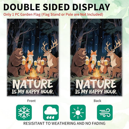 Nature Is My Happy Hour Garden Flag, Double Sided Farmhouse Lawn Outdoor Decor Yard Flags Gifts, Funny Campsite Yard Flag Gifts for Camping Lover, 12x18 In, Forest Animal Banner For Camper