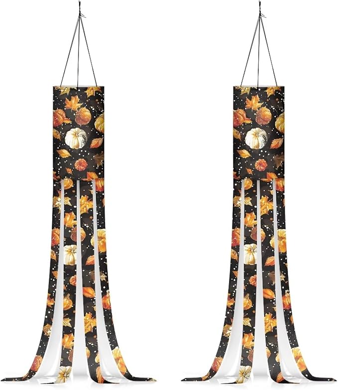 Maple Leaf Pumpkin Windsock Outdoor Hanging Decoration Durable Machine Washable 2 Pieces Windsocks Home Garden Balcony Halloween Spooky Horror Decoration