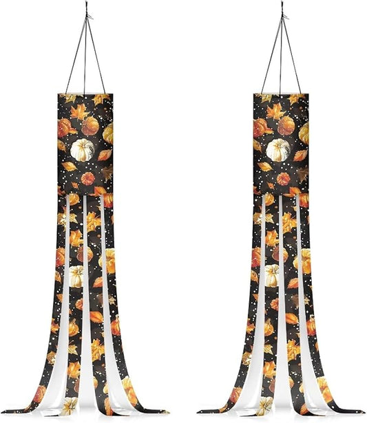 Maple Leaf Pumpkin Windsock Outdoor Hanging Decoration Durable Machine Washable 2 Pieces Windsocks Home Garden Balcony Halloween Spooky Horror Decoration
