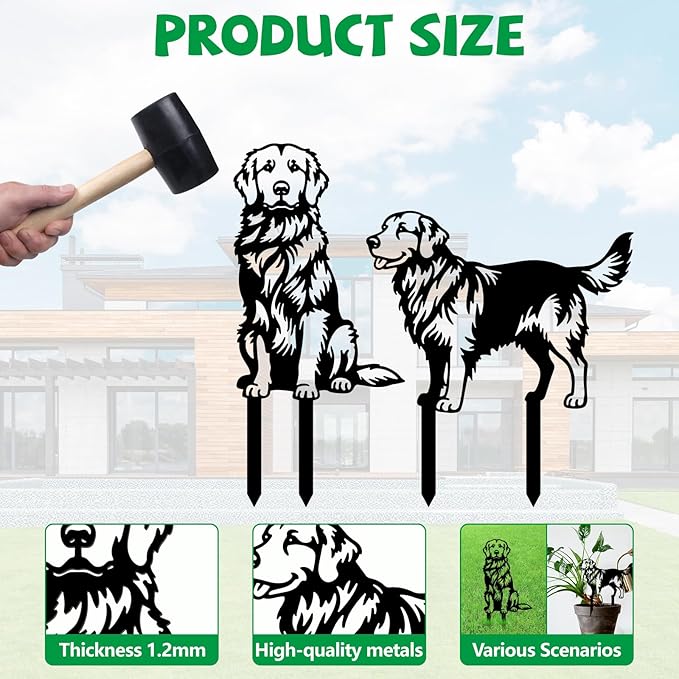 GLOBLELAND 2 Pcs Golden Retriever Mental Garden Stakes Black Silhouette Dog Decorative Yard Stakes Trees Metal Outdoor Art Decor for Yard Patio Lawn Walkway Ornament