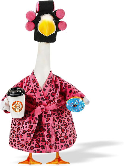 Lady Porch Goose Outfits, Spring Summer Goose Clothes Costume with Pink Leopard Bathrobe for 23/28" Lawn Cement Geese for Garden