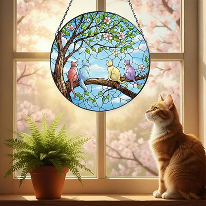 Sun Catcher Stained Glass Window Hanging, 7.8 Inch Spring Scene with 4 Cats on Branch, Hanging Ornament for Window Door Decor, Birthday Gift for Cat Lovers Women Mom Grandma