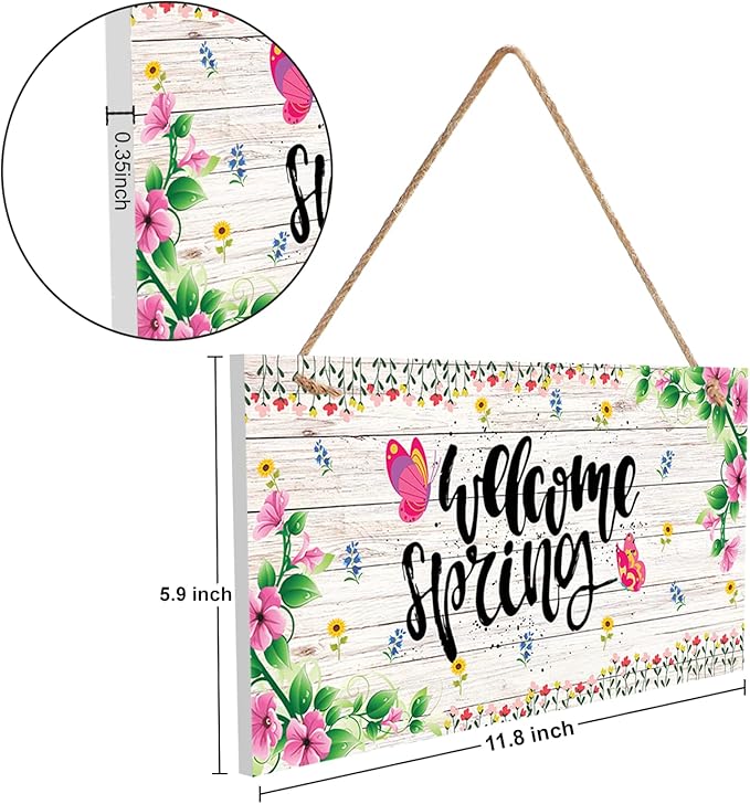 Hinnovy Welcome Spring Door Sign – Hanging Farmhouse Wall Decor for Porch, Kitchen, Living Room, Patio – Flower Indoor & Outdoor Holiday Decoration – House Warming Gifts New Home- 11.8" x 5.9"