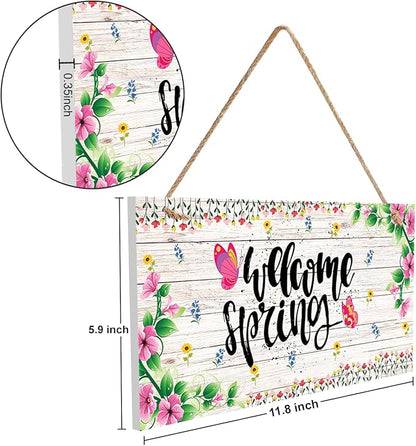 Hinnovy Welcome Spring Door Sign – Hanging Farmhouse Wall Decor for Porch, Kitchen, Living Room, Patio – Flower Indoor & Outdoor Holiday Decoration – House Warming Gifts New Home- 11.8" x 5.9"