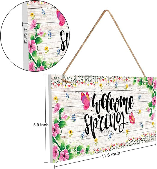Hinnovy Welcome Spring Door Sign – Hanging Farmhouse Wall Decor for Porch, Kitchen, Living Room, Patio – Flower Indoor & Outdoor Holiday Decoration – House Warming Gifts New Home- 11.8" x 5.9"