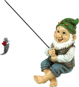 Design Toscano Ziggy with Fishing Pole Garden Gnome Indoor/Outdoor Shelf Sitter Statue, 9 Inch Tall, Cast Stone Resin, Full Color Finish