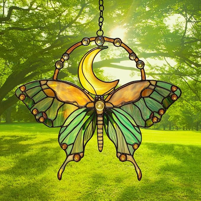 Cresent Luna Moth Acrylic Suncatcher Stained Glass Effect Window Car Hanging Christmas Ornament Indoor Outdoor Decor Garden Sun Catcher Panel for Butterfly Lover for Women Mom Grandma