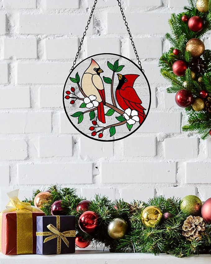 Tuitessine Cardinal Stained Glass Suncatcher - Red Bird Sun Catcher - Hand-Painted Glass Panel - Decor for Window - Christmas & Birthday Gift for Grandma & Birds Lover - 6.3x6.3