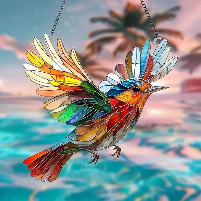 7.8inch Stain Glass Sun Catcher Window Hanging Bird Suncatchers with Metal Chain，Hummingbird Suncatcher Double Side Window Ornament Decoration Indoor Outdoor Ornament for Garden Home Housewarming Gift