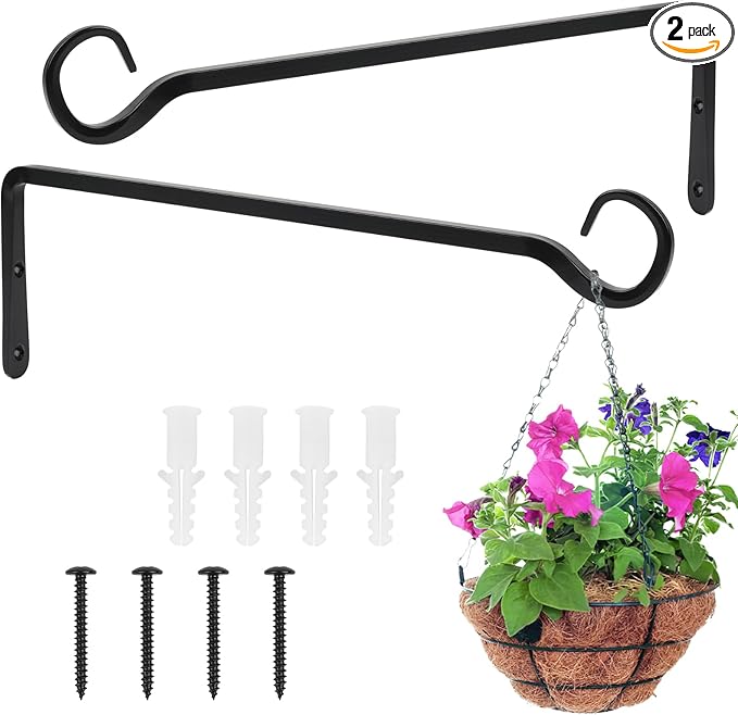 2 Pack Plant Hanger Bracket, 12 Inch Plant Hangers Outdoor, Metal Decorative Plant Wall Hooks for Hanging Plants, Bird Feeder, Flower Basket, Wind Chimes, Lantern, Indoor Outdoor (Black)