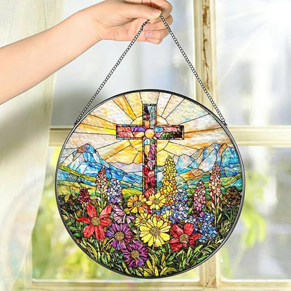 Stained Glass Suncatcher Window Hanging, 7.8 Inch Handmade Sunflower Garden suncatchers, Suncatcher Home Decor,Gift for Women, Mom, Grandma (Cross)