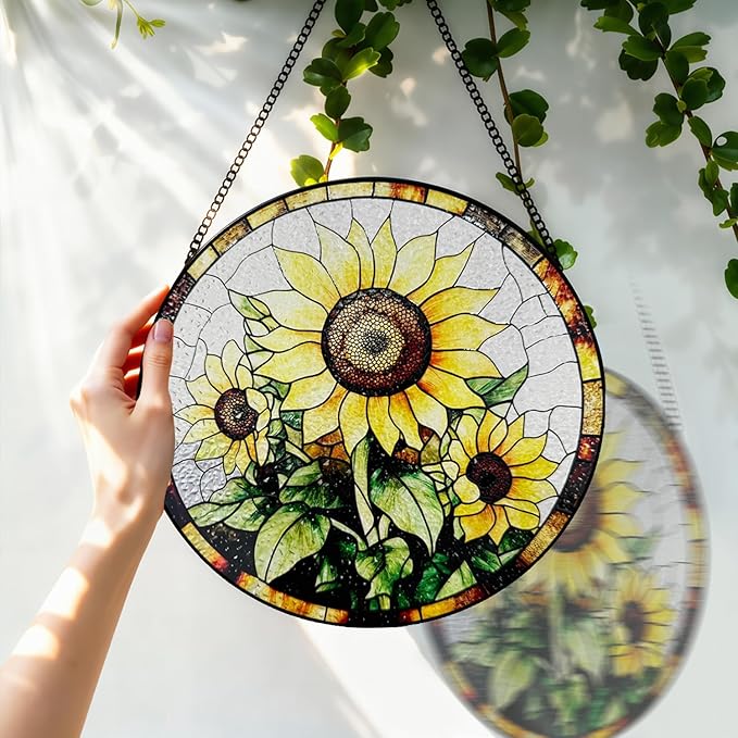 Stained Glass Window Hanging, 8 Inch Sunflower Suncatcher, Sun Catchers Indoor Window, Suncatchers for Windows Hanging, Spring Home Garden Decor Panel Mothers Day Birthday Gifts for Mom Grandma Friend