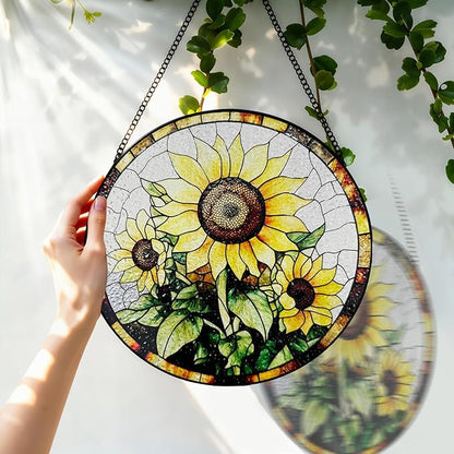 Stained Glass Window Hanging, 8 Inch Sunflower Suncatcher, Sun Catchers Indoor Window, Suncatchers for Windows Hanging, Spring Home Garden Decor Panel Mothers Day Birthday Gifts for Mom Grandma Friend
