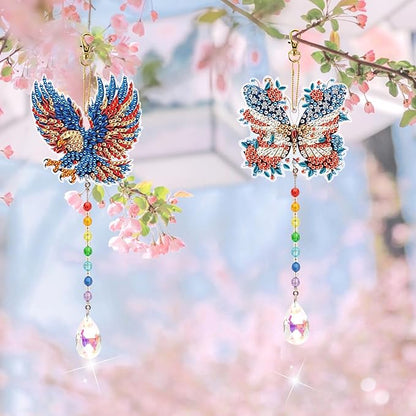 2pcs Diamond Art Painting Wind chime with Crystal pendant, DIY Eagle and Butterfly Double-sided design Special Shape Acrylic Crystal Diamond Art Ornament, Home Window Garden Hanging Pendant Decoration