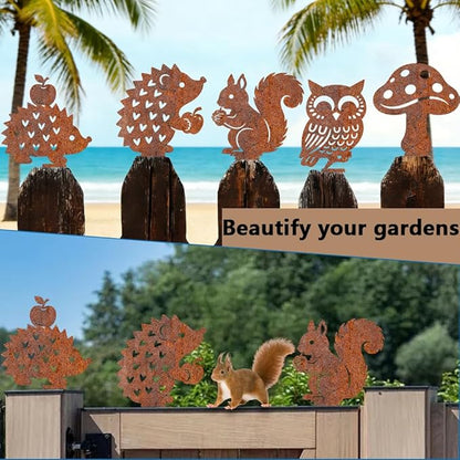 5Pcs Metal Squirrel Garden Stake for Wall Fence Rusty Garden Art Hedgehog Owl Mushrooms Squirrel Pattern Durable Iron Yard Sculptures for Pathway Patio Lawn Ornaments Ground Insert Decor