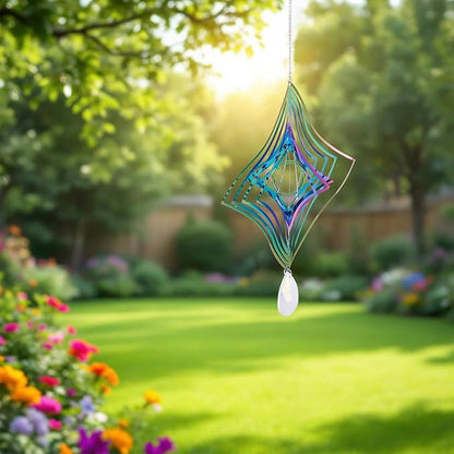 Stainless Steel Reflective Wind Spinners Outsides 3D Twisted Wind Chimes Gradient Rhombus Etched Metal Embellishments for Outdoor Indoor Garden Hanging Decor 2Pcs