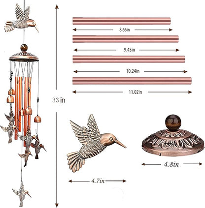 Hummingbird Wind Chimes Outdoor Indoor Decor, with 4 Aluminum Tubes 6 Bells 7 Hummingbirds, Mobile Wind Catcher, Memorial Windchimes for Home, Xmas Mom Gifts, Festival, Balcony, Garden Decoration