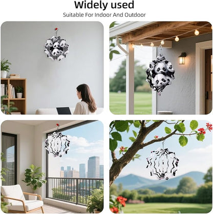 8 Inch Sublimation Wind Spinner, 3D Aluminum Metal Wind Spinner with Hook, Indoor Yard Garden Hanging Decoration, Weather Resistant Rotating Spiral Ornament, Cute Panda Group