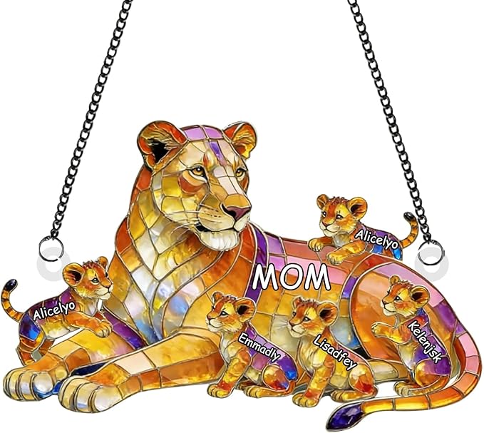 Personalized Lion Mom and Kids Stained Glass Suncatchers, Custom Name Mothers Day Sun Catcher, Lion Mother Acrylic Window Hanging Ornament, Mother's Day Christmas Birthday Gifts (Style 11)