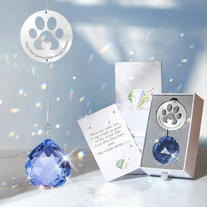 Mooncraftlogy Dog Memorial Gifts, Unique Loss of Pet Sympathy Idea, Navy Blue Crystal Ball Rainbow Suncatcher with Paw Print for Cat or Dog Remembrance and Bereavement