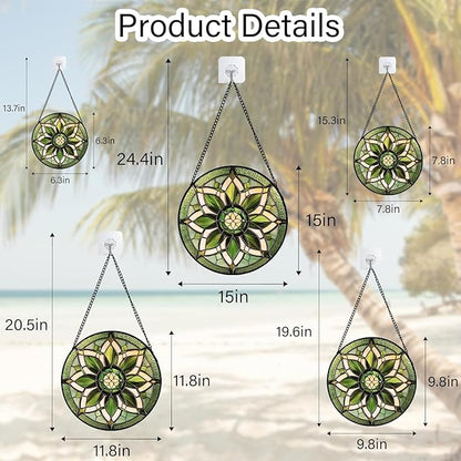 Stained Glass Window Hanging - White Green Boho Flower Suncatcher for Doors Window Home Sun Catchers Decor Christmas Mother's Day Birthday Gifts for Teacher Women Men Mom Nana 11.8 in