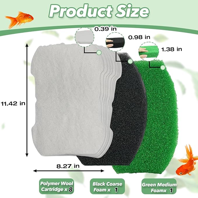 3-in-1 Set 5-in-1 600 & 6-in-1 900 Pond Filter Pads (8 Polymer Wool Cartridge, 1 Coarse Foam & 1 Medium Foam) Compatible with Inpond, Pond Filter Media for Outdoor Ponds
