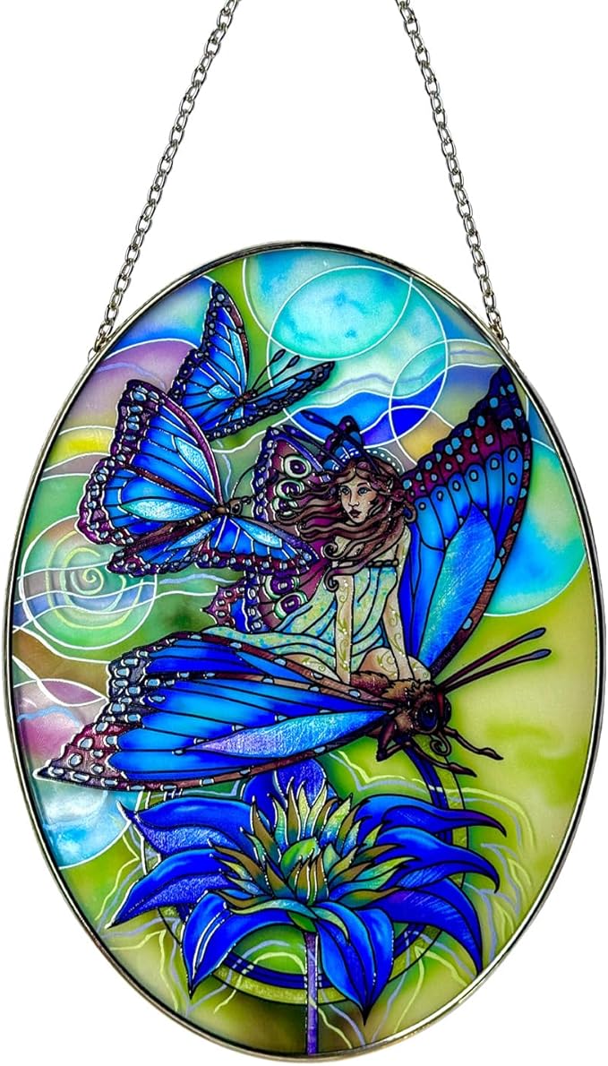Butterfly Girl Hanging Stained Glass for Windows, 6.5 * 8.82'' Hand-Painted Sun Catcher Garden Hangings Christmas Mother's Day, Valentine's Day Ornaments Festival Gift