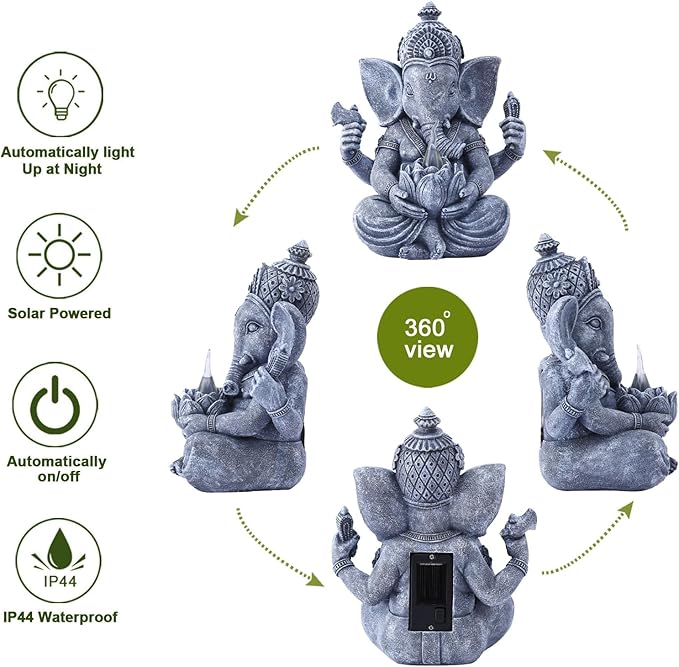 Ganesha Elephant Garden Statues: Outdoor Sculptures with Lotus Lights Decor for Patio Lawn Yard Art - Gifts for Mom Grandma