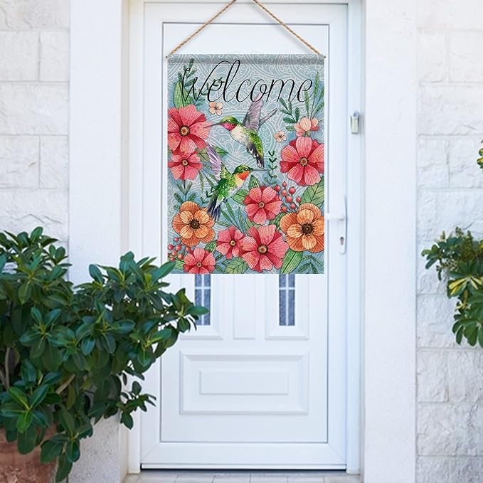 Hzppyz Welcome Spring Summer Decorative House Flag Hummingbird, Garden Yard Outdoor Big Burlap Bird Flag Flower Decor, Vintage Fall Autumn Farmhouse Seasonal Outside Decorations Double Sided 28 x 40