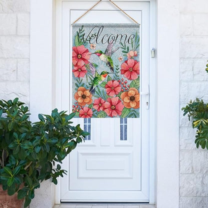Hzppyz Welcome Spring Summer Decorative House Flag Hummingbird, Garden Yard Outdoor Big Burlap Bird Flag Flower Decor, Vintage Fall Autumn Farmhouse Seasonal Outside Decorations Double Sided 28 x 40
