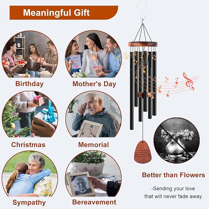 Memorial Wind Chimes, Black 28", Unique Sympathy Gift, Memorial Gifts for Loss of Mother/Father. Bereavement Condolence Remembrance Funeral Gifts in Memory of Loved Ones.