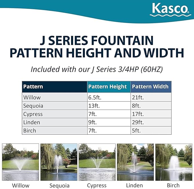 Kasco 1 HP J Series Decorative Fountain - 120V with 50 Ft Electric Power Cord | Pond and Lake Fountain | Efficient Pond Aerator Outdoor