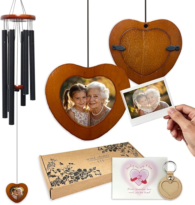Memorial Wind Chimes with Wooden Photo Frame, 32 Inch Sympathy Windchime Outdoors for Loss of Loved One, Personalized Berevement/Memorial Gifts for Loss of Mother, Father, Husband, Friend, Pet