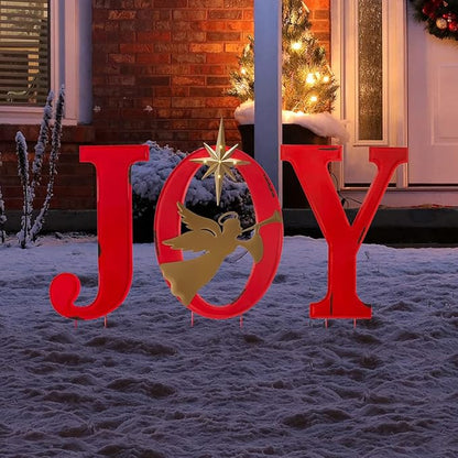 Glitzhome Lighted Joy Angel Garden Stakes, 36.02" H Metal Yard Stake Garden Ornaments Patio Decor Joy Standing Decor or Wall Décor Decorative Sign for Christmas Decorations