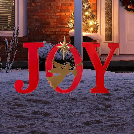 Glitzhome Lighted Joy Angel Garden Stakes, 36.02" H Metal Yard Stake Garden Ornaments Patio Decor Joy Standing Decor or Wall Décor Decorative Sign for Christmas Decorations