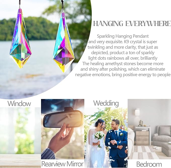 H&D HYALINE & DORA 4.7" AB Coating Crystal Horns Prisms Suncatchers for Windows,Set of 2 Rainbow Maker Hanging Prisms for Wedding Party Christmas Tree Garlands Decoration