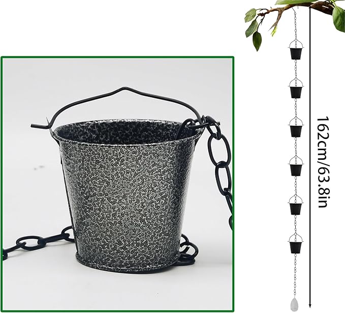 Decorative Rain Chain, 63.8-Inch Black Metal Barrel-Shaped Gutter Chain with Acrylic Diamond Pendant, Downspout Replacement for Garden Drainage