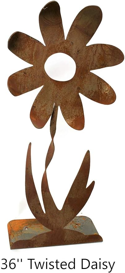 Metal Rustic and Colorful Flower Stakes Ranging from 9.5 to 36 Inches Tall (Twisted Daisy on Flat Base 36" Tall, Naturally Rusted)