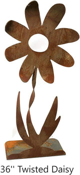 Metal Rustic and Colorful Flower Stakes Ranging from 9.5 to 36 Inches Tall (Twisted Daisy on Flat Base 36" Tall, Naturally Rusted)