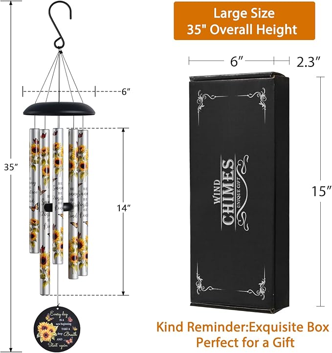 Sunflower Wind Chimes for Outside,Sunshine Gift for Mom,Get Well Soon,Birthday for Women Friends Sister & Coworkers,Thank you,Retirement,Sympathy Gifts Basket,Memorial Wind Chime for loss of Loved One